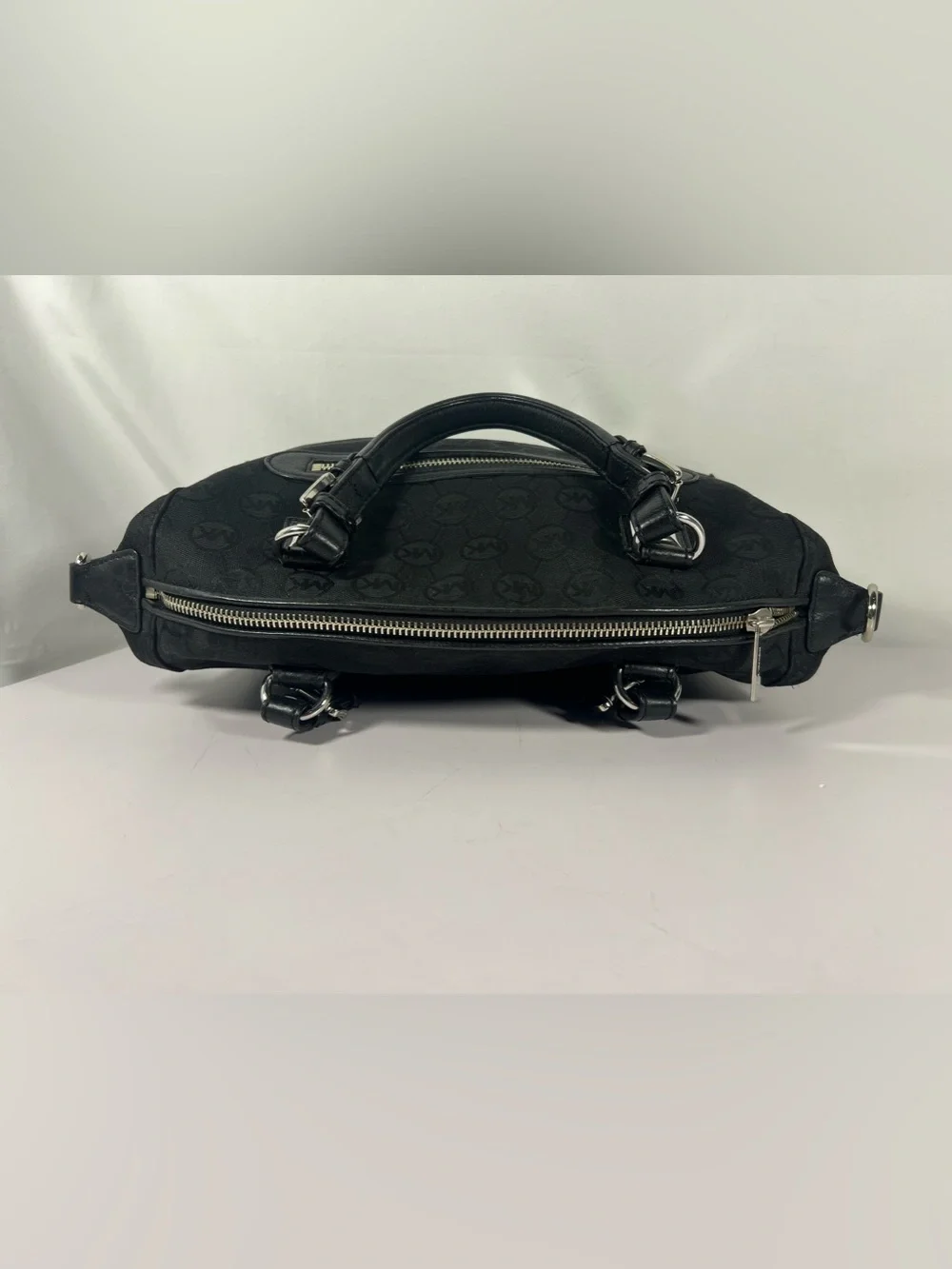 4279: Michael Kors Black Logo Jacquard Satchel Silver Hardware